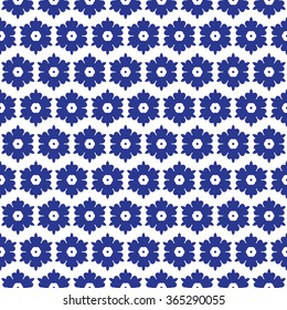 Blue and white moroccan seamless pattern. Oriental abstract motifs. Ceramic or textile pattern tiles.