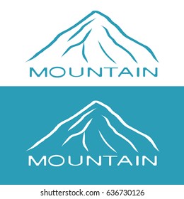 Blue and white mountain icon on white and blue background with inscription mountain. Eps 10 vector illustration.