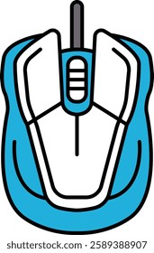 A blue and white mouse with a white handle. The mouse is open and the buttons are visible