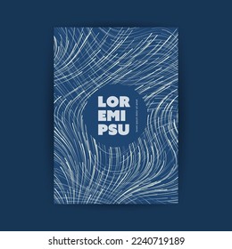Blue and White Moving, Flowing Stream of Particles in Curving, Wavy Lines - Digitally Generated Futuristic Abstract 3D Geometric Flyer Design, Template with Round Copyspace in Editable Vector Format