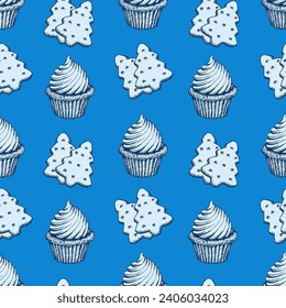Blue and White Muffin Biscuits Sketch Sweet Cookies, Pine Tree Cookies Cake Vector Seamless Pattern. Festive Xmas Wrapping Paper or Scrapbook
