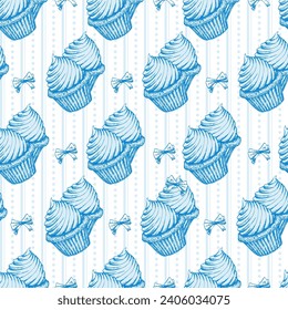 Blue and White Muffin Biscuits Sketch Sweet Cookies Striped Vertical Lines Cake Vector Seamless Pattern. Festive Xmas Wrapping Paper or Scrapbook