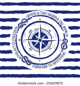 Blue white nautical emblem with compass on a striped background