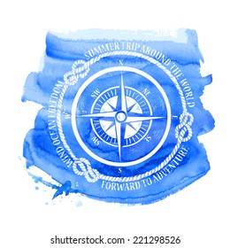 Blue white nautical emblem with compass on a watercolor background