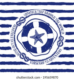 Blue white nautical emblem with lifebuoy and starfish on a striped background
