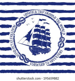 Blue white nautical emblem with sailing ship on a striped background