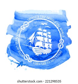 Blue white nautical emblem with sailing ship on a watercolor background