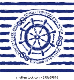 Blue White Nautical Emblem With Sea Wheel On A Striped Background
