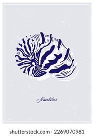 Blue and white Nautilus. Seashell. Vintage style poster. Hand drawn graphic design collection. Vector illustration.