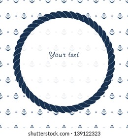 Blue and white navy circle frame with anchors card background, vector