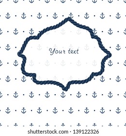 Blue and white navy decorative frame with anchors card background, vector