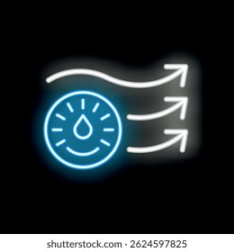 Blue and white neon icon representing humidity level with arrows and droplet inside circle