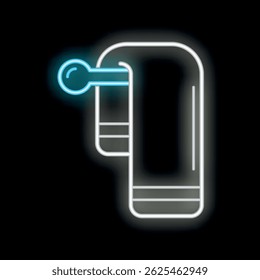Blue and white neon icon of a towel hanging on a rack on black background