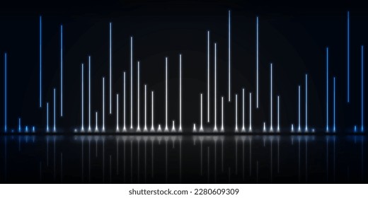 Blue and white neon laser lines with reflection. Abstract rays technology retro background. Futuristic glowing vector design