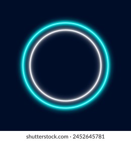 Marco redondo de neón azul y blanco, signo de neón sobre fondo oscuro, Ilustración vectorial.