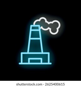 Blue and white neon style icon of a factory emitting smoke pollution