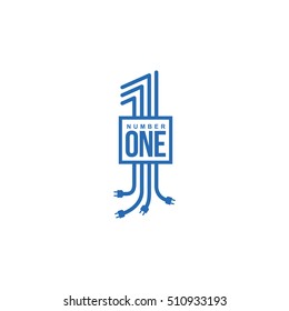 blue and white number one logo formed by electric cables with plugs, vector illustrations isolated on white background. Graphic number one logo for technological and electrical utility companies