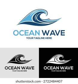 Onda oceânica azul e branca com texto e slogan em três variações de cor preta