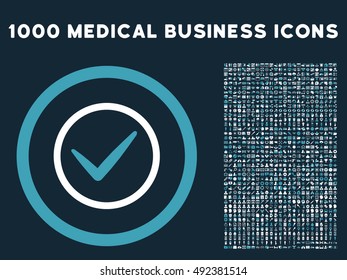 Blue And White Ok vector bicolor rounded icon. Image style is a flat icon symbol inside a circle, dark blue background. Bonus clipart contains 1000 medicine business elements.