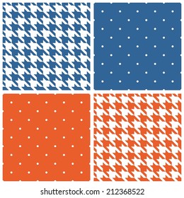 Blue, white and orange tile vector background set. Houndstooth and polka dots seamless pattern collection