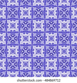 Blue and white Oriental pattern. Seamless symmetrical pattern of swirls, lines and stars. Vector illustration.