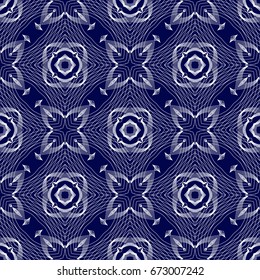 Blue and white Oriental pattern. Seamless symmetrical ornament of swirls, lines and stars. Vector illustration.