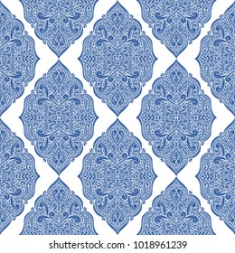 Blue and white ornamental seamless pattern. Vintage, paisley elements. Ornament. Traditional, Ethnic, Turkish, Indian motifs. Great for fabric and textile, wallpaper, packaging or any desired idea