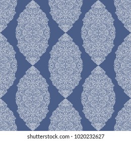Blue and white ornamental seamless pattern. Vintage, paisley elements. Ornament. Traditional, Ethnic, Turkish, Indian motifs. Great for fabric and textile, wallpaper, packaging or any desired idea