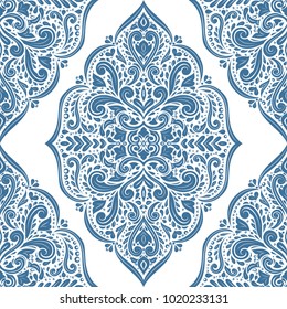 Blue and white ornamental seamless pattern. Vintage, paisley elements. Ornament. Traditional, Ethnic, Turkish, Indian motifs. Great for fabric and textile, wallpaper, packaging or any desired idea