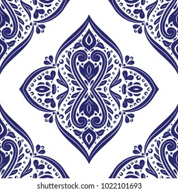 Blue and white ornamental seamless pattern. Vintage, paisley elements. Ornament. Traditional, Ethnic, Turkish, Indian motifs. Great for fabric and textile, wallpaper, packaging or any desired idea