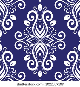 Blue and white ornamental seamless pattern. Vintage, paisley elements. Ornament. Traditional, Ethnic, Turkish, Indian motifs. Great for fabric and textile, wallpaper, packaging or any desired idea