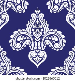 Blue and white ornamental seamless pattern. Vintage, paisley elements. Ornament. Traditional, Ethnic, Turkish, Indian motifs. Great for fabric and textile, wallpaper, packaging or any desired idea