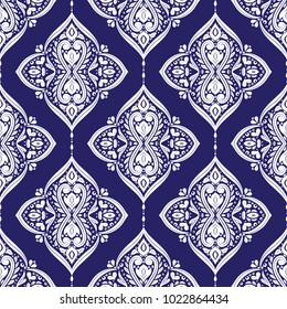Blue and white ornamental seamless pattern. Vintage, paisley elements. Ornament. Traditional, Ethnic, Turkish, Indian motifs. Great for fabric and textile, wallpaper, packaging or any desired idea