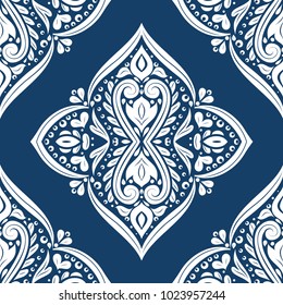 Blue and white ornamental seamless pattern. Vintage, paisley elements. Ornament. Traditional, Ethnic, Turkish, Indian motifs. Great for fabric and textile, wallpaper, packaging or any desired idea