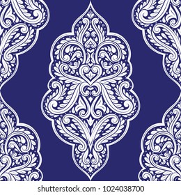 Blue and white ornamental seamless pattern. Vintage, paisley elements. Ornament. Traditional, Ethnic, Turkish, Indian motifs. Great for fabric and textile, wallpaper, packaging or any desired idea