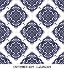 Blue and white ornamental seamless pattern. Vintage, paisley elements. Ornament. Traditional, Ethnic, Turkish, Indian motifs. Great for fabric and textile, wallpaper, packaging or any desired idea