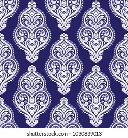 Blue and white ornamental seamless pattern. Vintage, paisley elements. Ornament. Traditional, Ethnic, Turkish, Indian motifs. Great for fabric and textile, wallpaper, packaging or any desired idea