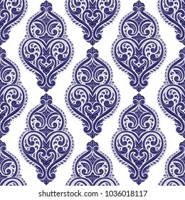 Blue and white ornamental seamless pattern. Vintage, paisley elements. Ornament. Traditional, Ethnic, Turkish, Indian motifs. Great for fabric and textile, wallpaper, packaging or any desired idea