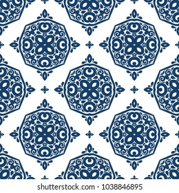 Blue and white ornamental seamless pattern. Vintage, paisley elements. Ornament. Traditional, Ethnic, Turkish, Indian motifs. Great for fabric and textile, wallpaper, packaging or any desired idea