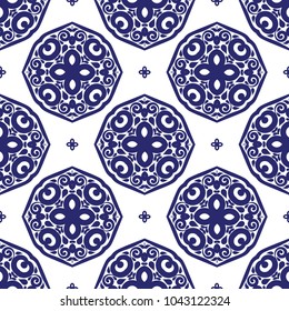 Blue and white ornamental seamless pattern. Vintage, paisley elements. Ornament. Traditional, Ethnic, Turkish, Indian motifs. Great for fabric and textile, wallpaper, packaging or any desired idea