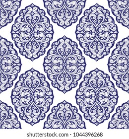 Blue and white ornamental seamless pattern. Vintage, paisley elements. Ornament. Traditional, Ethnic, Turkish, Indian motifs. Great for fabric and textile, wallpaper, packaging or any desired idea