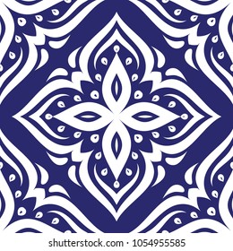 Blue and white ornamental seamless pattern. Vintage, paisley elements. Ornament. Traditional, Ethnic, Turkish, Indian motifs. Great for fabric and textile, wallpaper, packaging or any desired idea