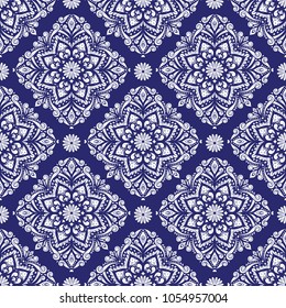 Blue and white ornamental seamless pattern. Vintage, paisley elements. Ornament. Traditional, Ethnic, Turkish, Indian motifs. Great for fabric and textile, wallpaper, packaging or any desired idea