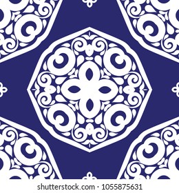 Blue and white ornamental seamless pattern. Vintage, paisley elements. Ornament. Traditional, Ethnic, Turkish, Indian motifs. Great for fabric and textile, wallpaper, packaging or any desired idea