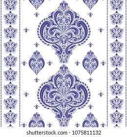 Blue and white ornamental seamless pattern. Vintage, paisley elements. Ornament. Traditional, Ethnic, Turkish, Indian motifs. Great for fabric and textile, wallpaper, packaging or any desired idea. 