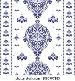 Blue and white ornamental seamless pattern. Vintage vector, paisley elements. Ornament. Traditional, Turkish, Indian motifs. Great for fabric and textile, wallpaper, packaging or any desired idea. 