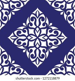 Blue and white ornamental seamless pattern. Vintage, paisley elements. Ornament. Traditional, Ethnic, Turkish, Indian motifs. Great for fabric and textile, wallpaper, packaging or any desired idea.