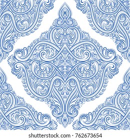 Blue and white ornamental seamless pattern. Vintage, paisley elements. Traditional, Ethnic, Turkish, Indian motifs. Great for fabric and textile, wallpaper, packaging or any desired idea. 