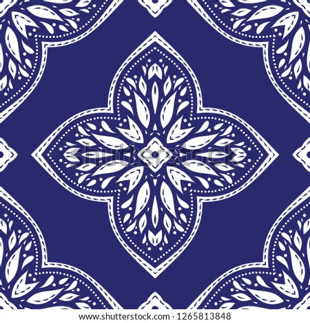 Blue and white ornamental seamless pattern. Vintage, paisley elements. Ornament. Traditional, Ethnic, Turkish, Indian motifs. Great for fabric and textile, wallpaper, packaging or any desired idea.