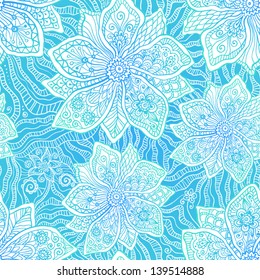 Blue and white ornate vector flowers seamless pattern